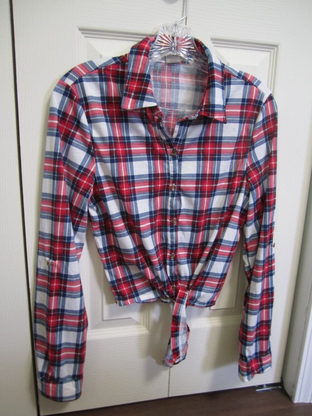Passport Red White and Blue Plaid Button-Down Tie-Front Shirt